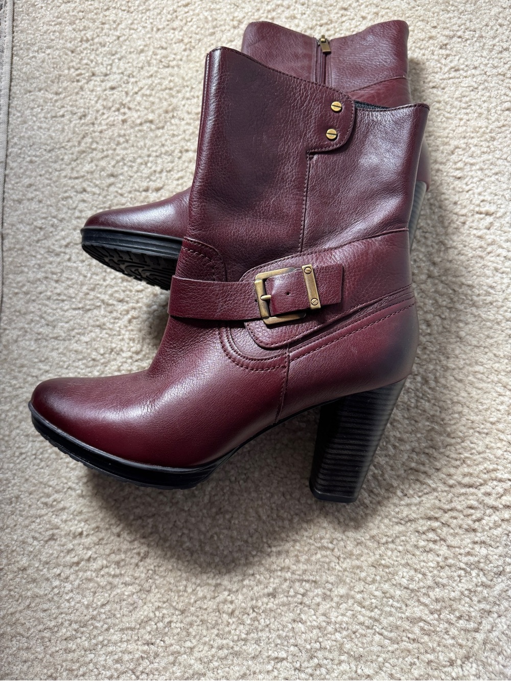 Clarks Burgundy Leather Heeled Ankle Boots with Buckle Detail